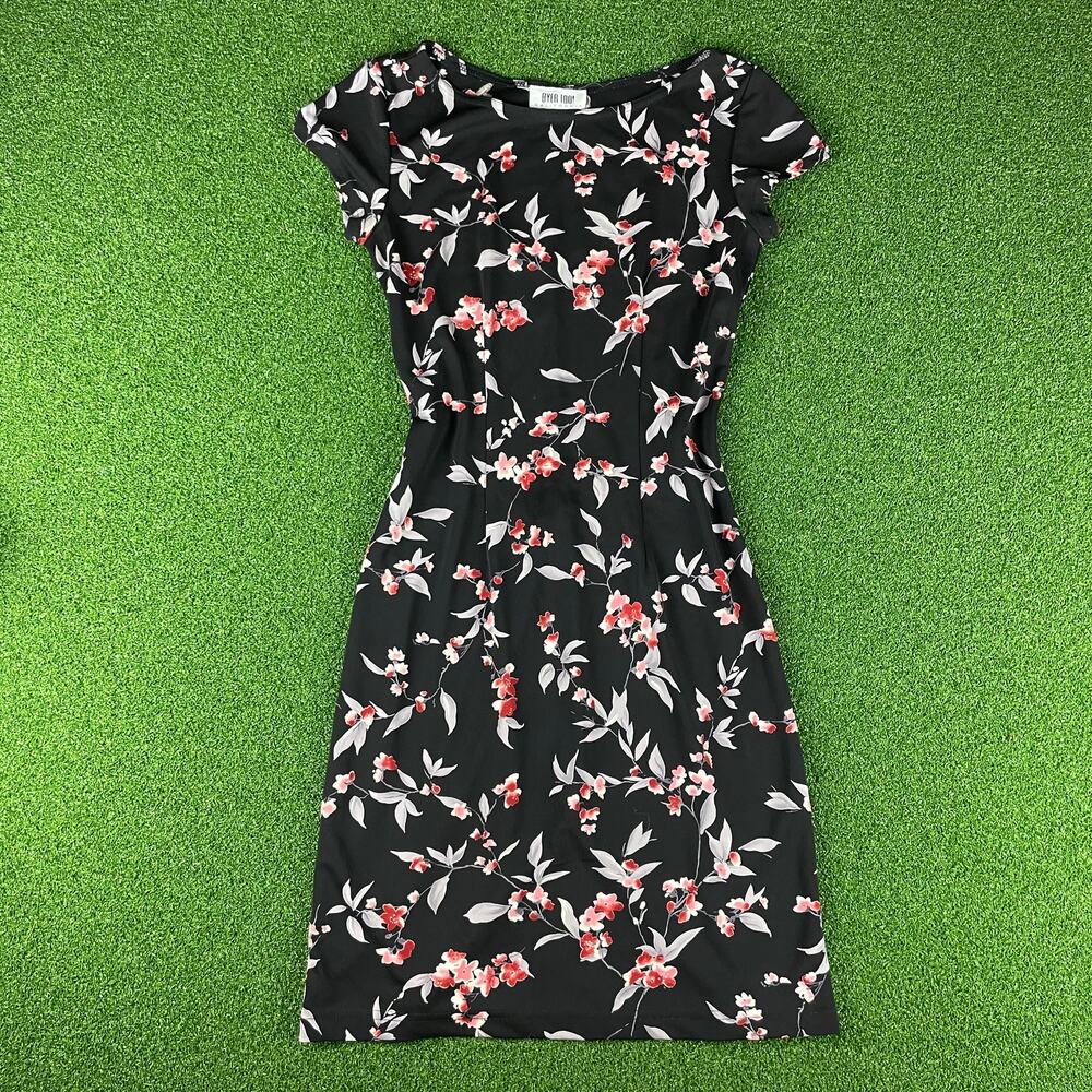 Vintage 90s Byer Too! California Pink Floral Little Black Midi Dress Sz 9